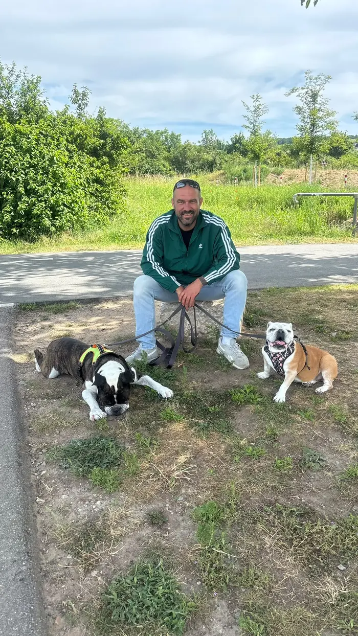 Ben, Hundetrainer und Gründer von Molly's Way, mit zwei Tierschutzhunden in der Natur